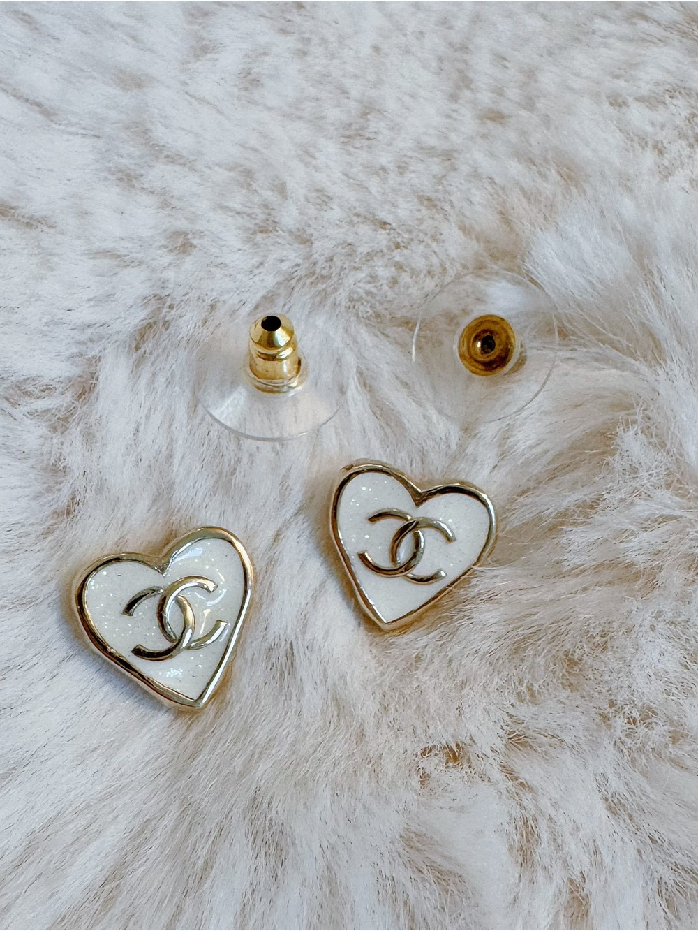 Chanel Heart CC Logo Enamel Earrings in White and Gold